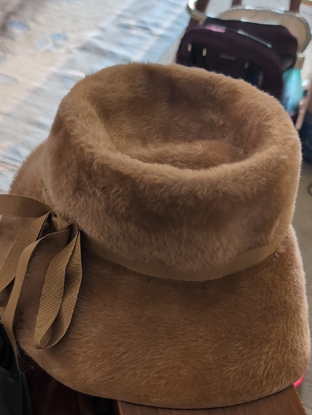Amy New York Brown Faux-Fur Bucket Hat with Ribbon